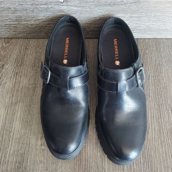 Women’s MERRELL City Leaf Black Leather Buckle Slides Clogs Mules Size 9 - Picture 3 of 9